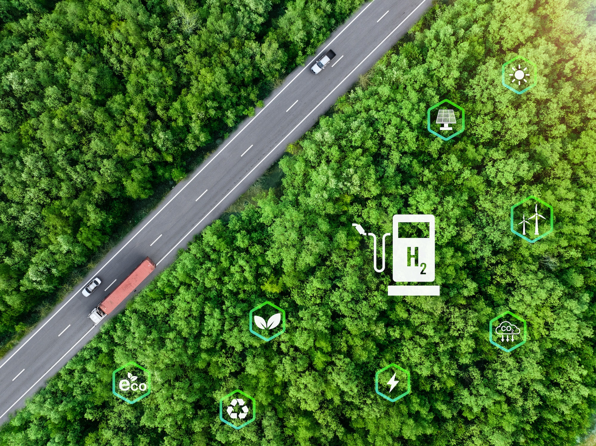 Green hydrogen. Sustainable renewable energy. Hydrogen Fuel cell vehicle. Zero emission car. Future